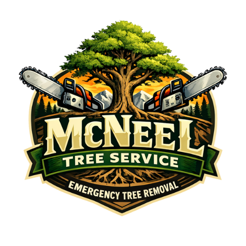 McNeel Tree Service logo with tree, chainsaws, and emergency removal text